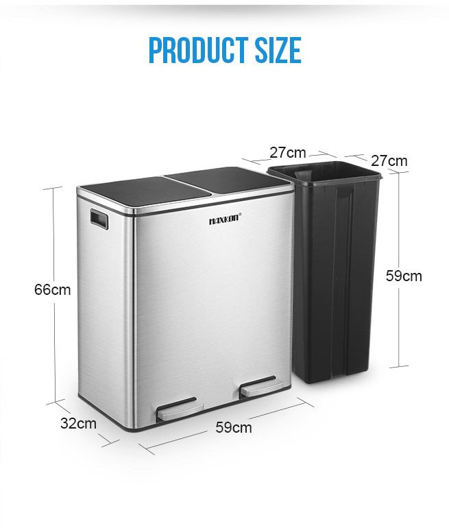 Dual Compartment Stainless Steel Dustbin w  Lids and Pedals-60L