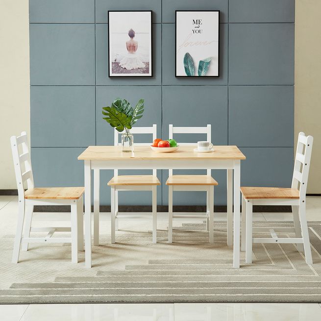 Wooden Table and Chairs 5-Piece Dining Set Kitchen Furniture-Oak & White