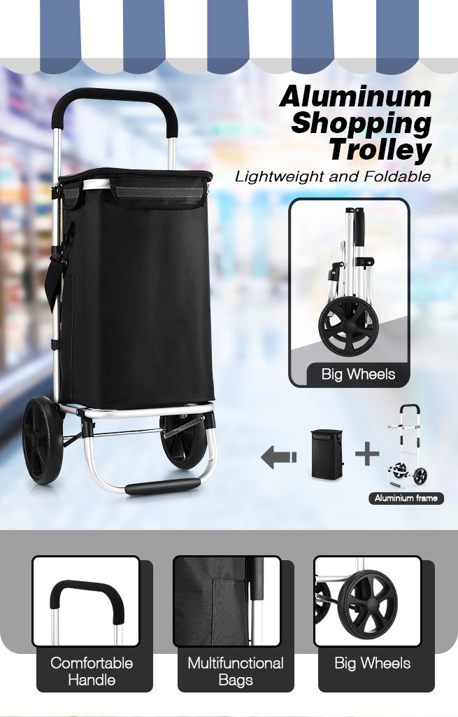 Waterproof Shopping cart Trolley Foldable Aluminium Grocery Bag Black