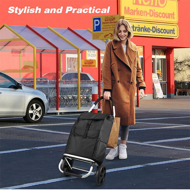 Foldable Aluminium Shopping Cart Trolley Bag Dolly w  Wheels Black