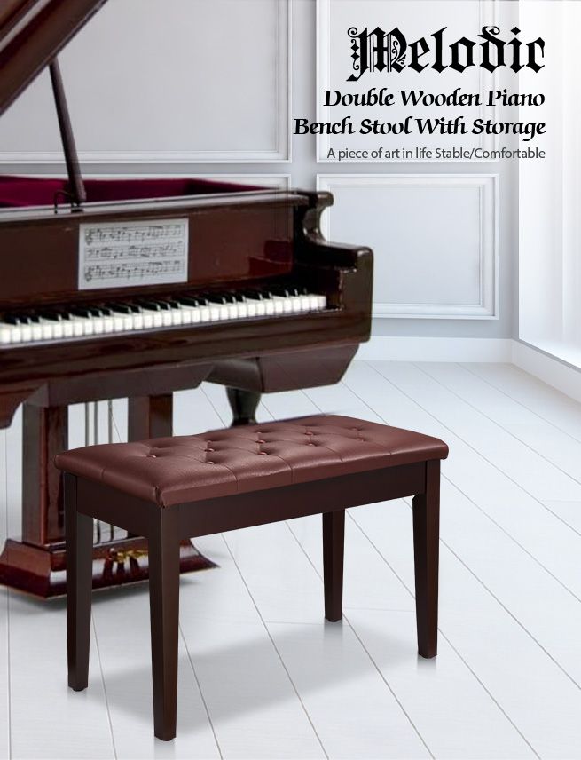 Melodic Luxury Piano Keyboard Stool Bench Chair with Faux Leather Seat and Storage Compartment Walnut