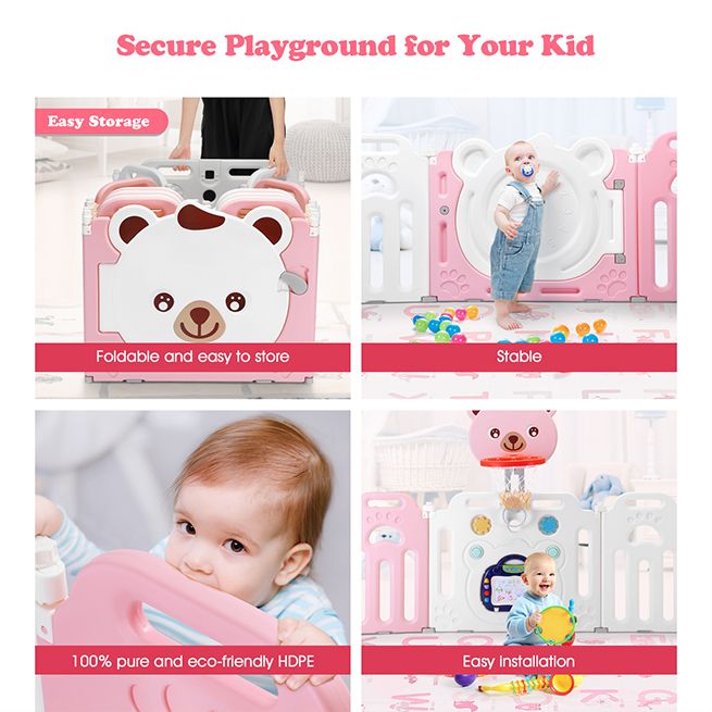 Kidbot Play Pen 16 Panel Kids Safety Baby Playpen Activity Centre Portable Fence Bear Design